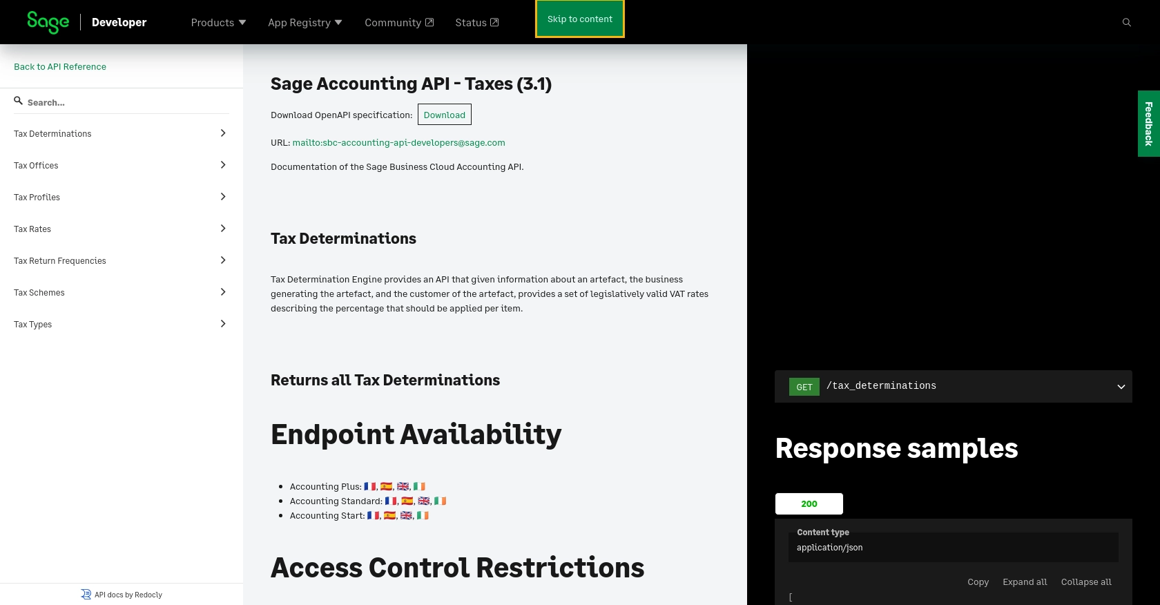 Sage Accounting API call documentation page.