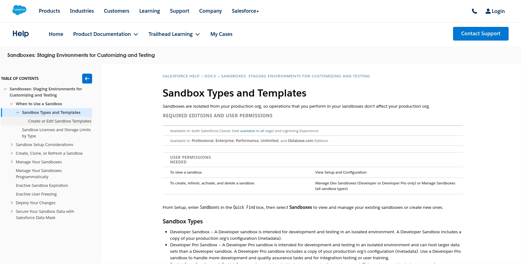 Salesforce Sandbox authentication documentation page.