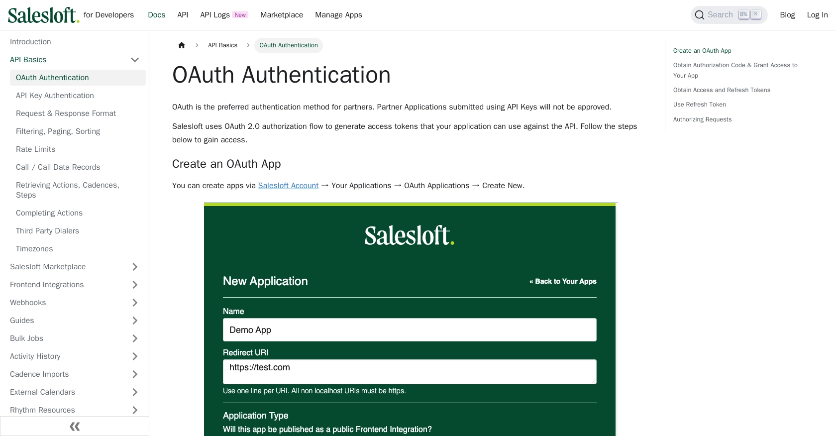 Salesloft authentication documentation page.