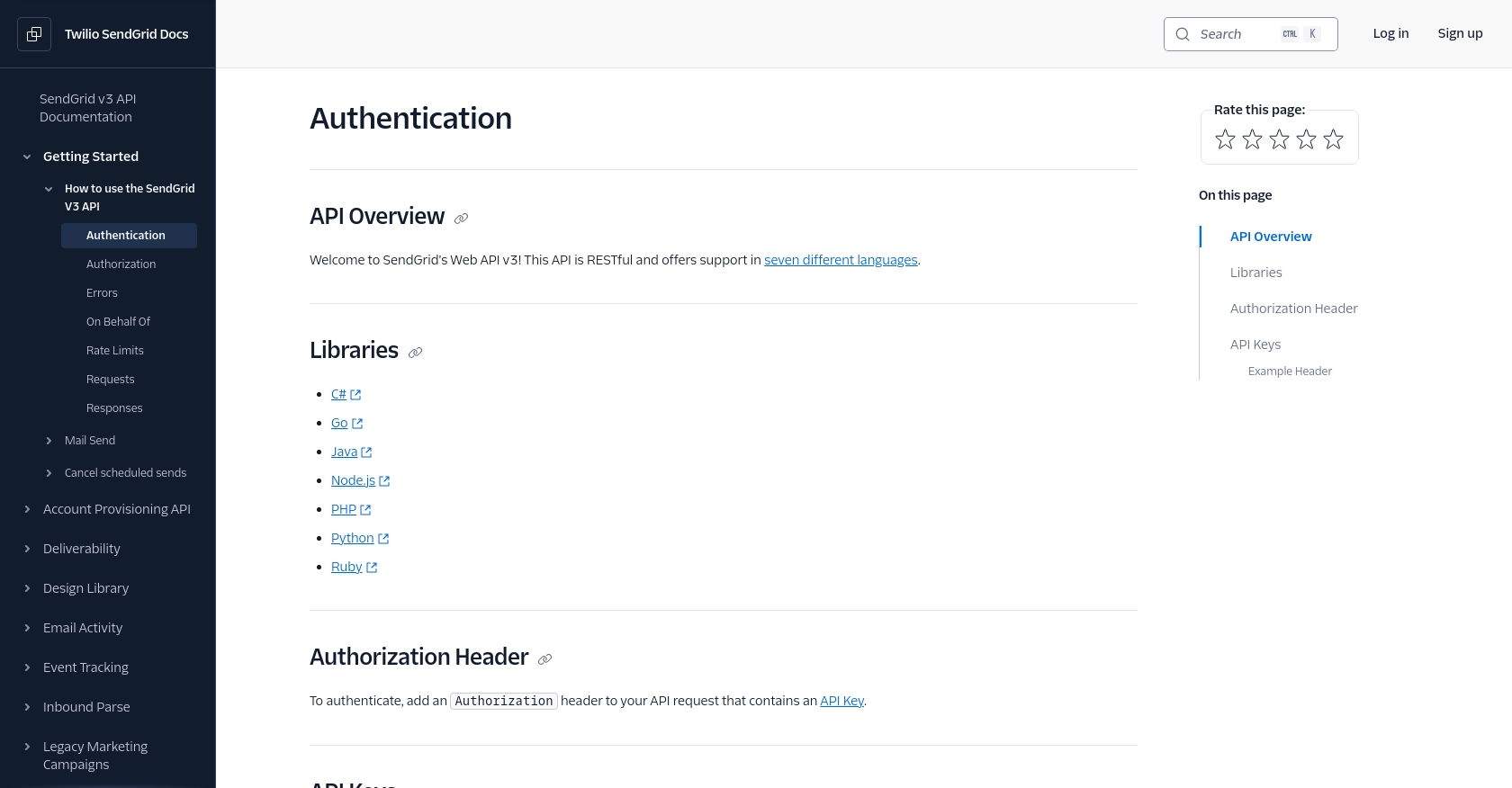 SendGrid authentication documentation page.