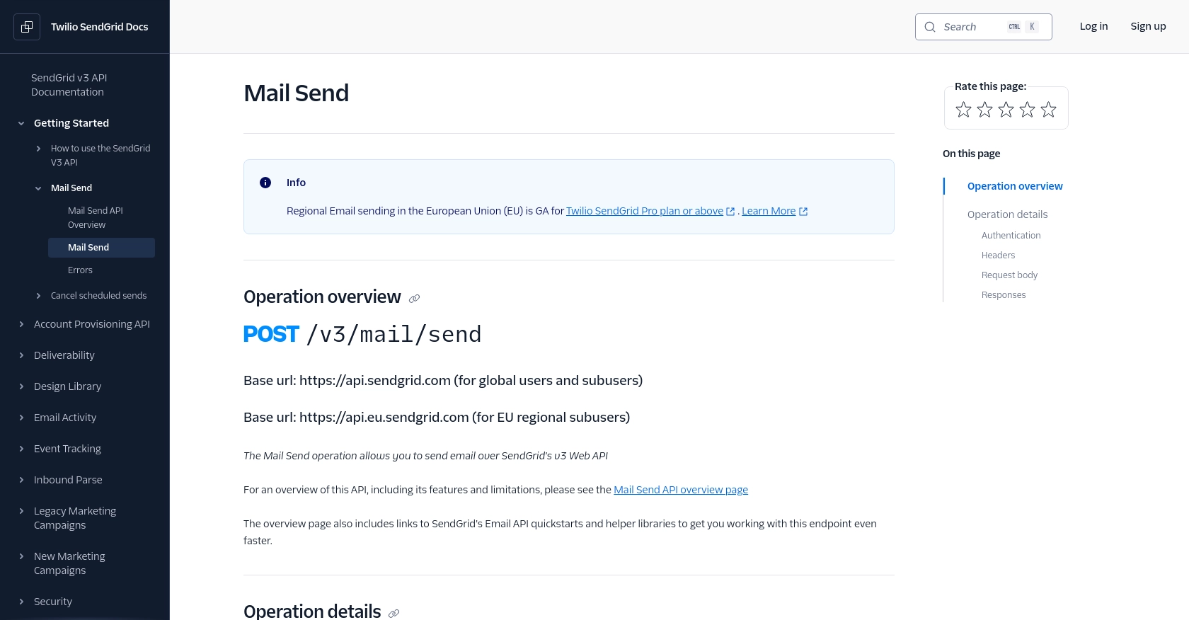 SendGrid API call documentation page.