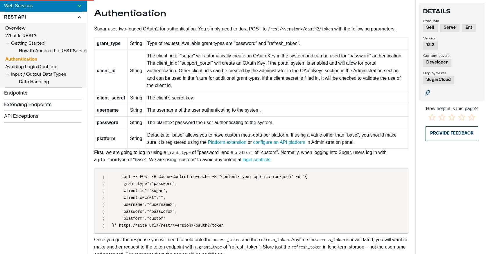 Sugar Sell authentication documentation page.