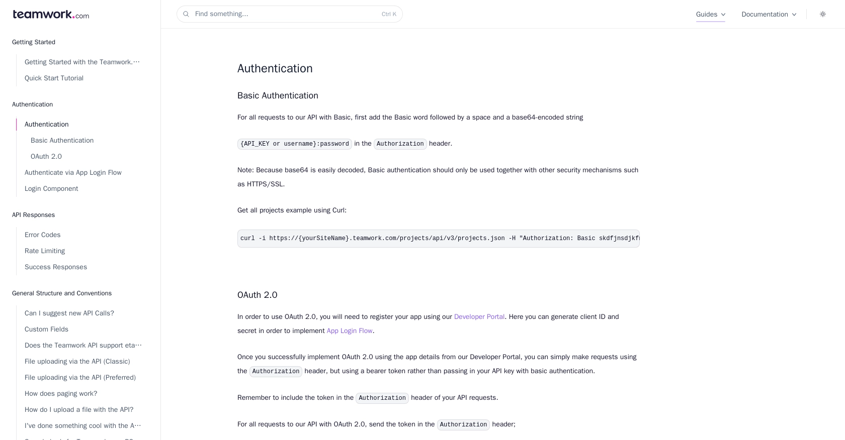 Teamwork CRM authentication documentation page.