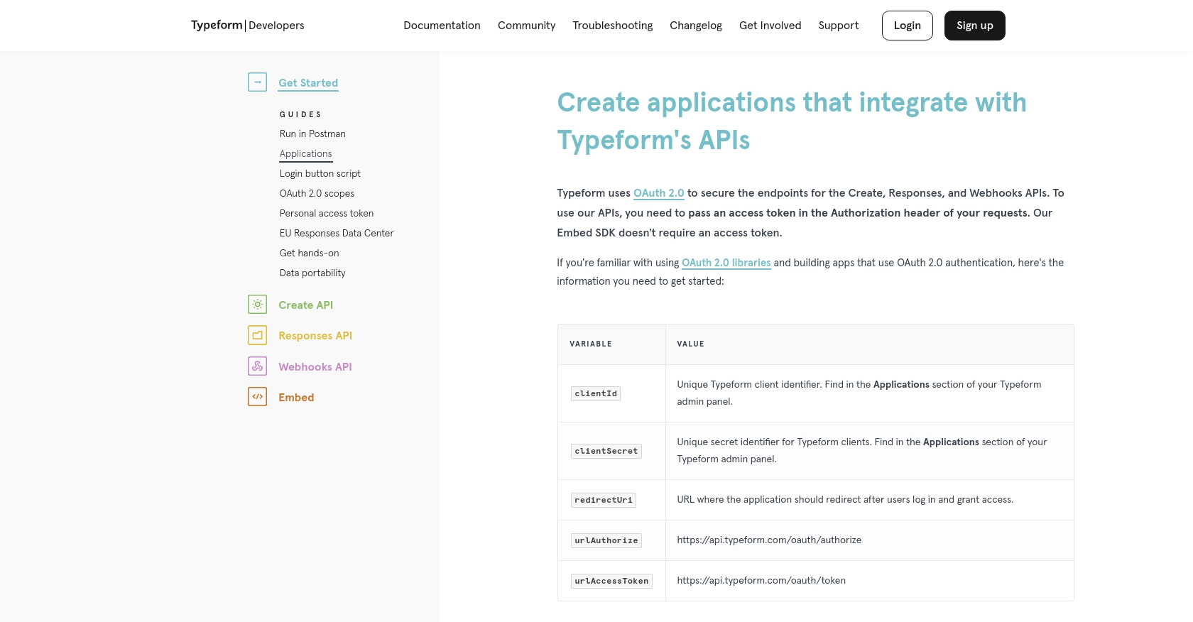 Typeform authentication documentation page.