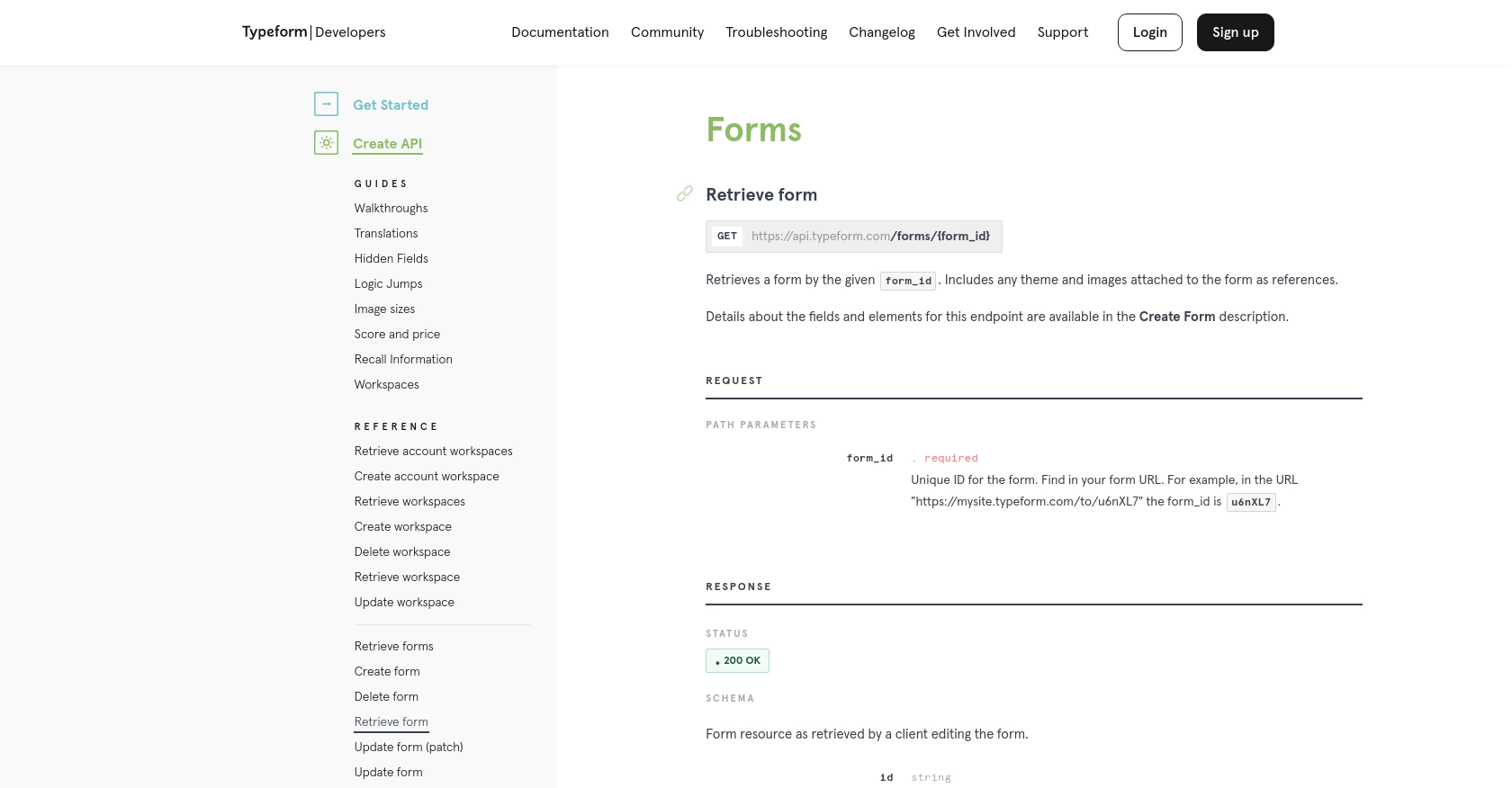 Typeform API call documentation page.