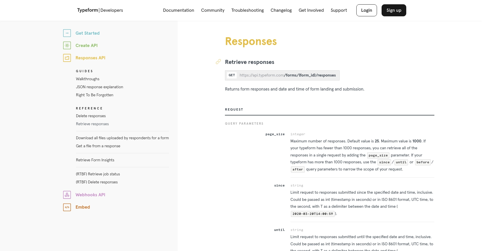 Typeform API call documentation page.