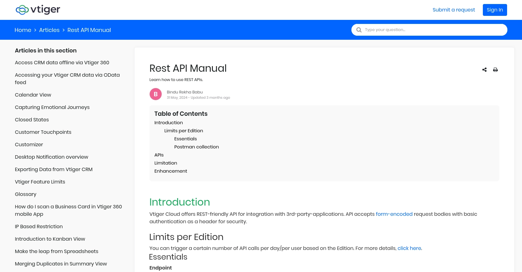 VTiger authentication documentation page.