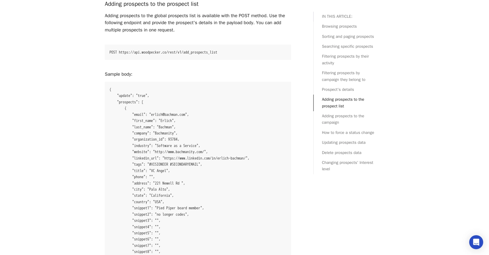 Woodpecker API call documentation page.