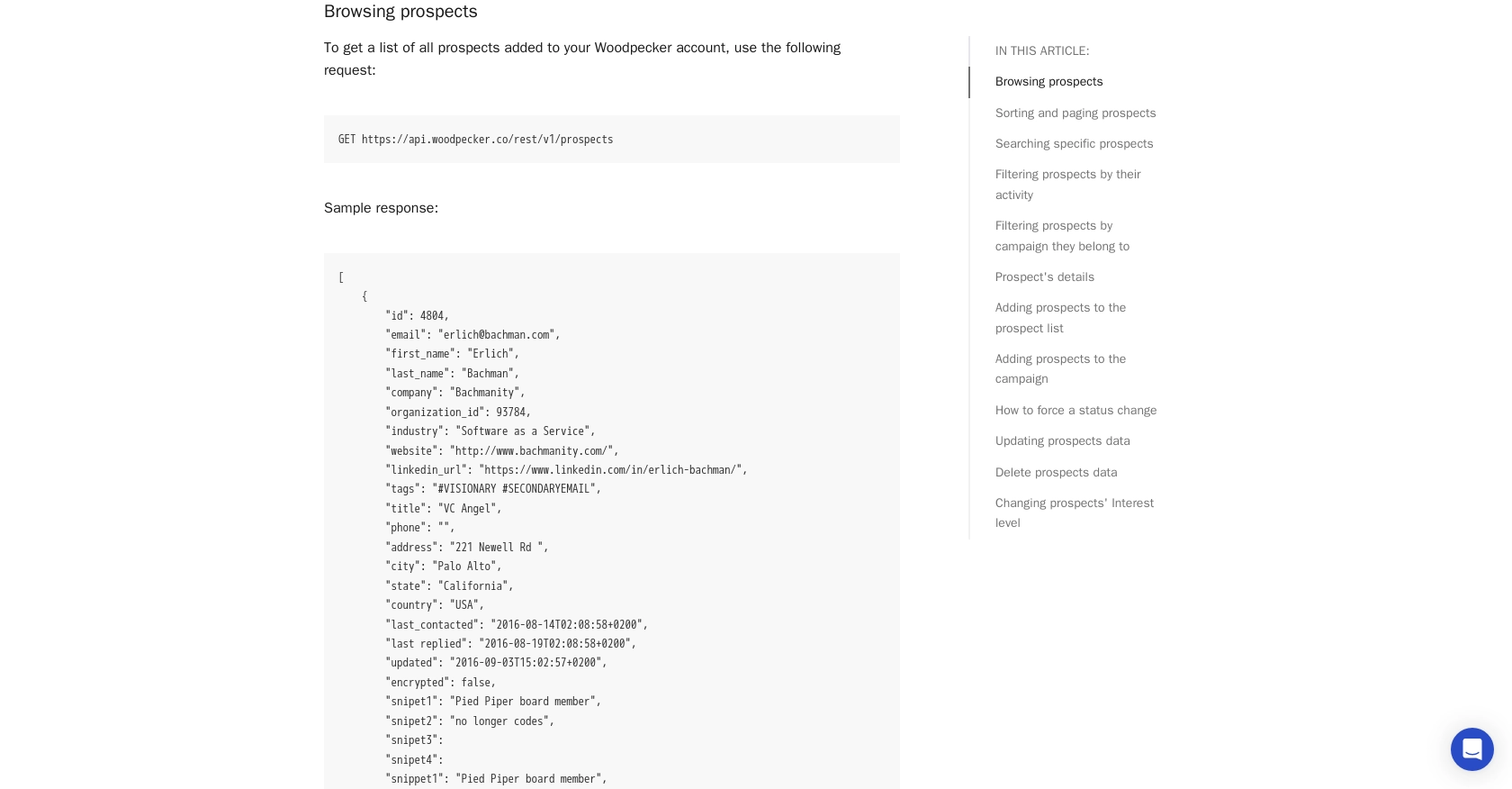 Woodpecker API call documentation page.