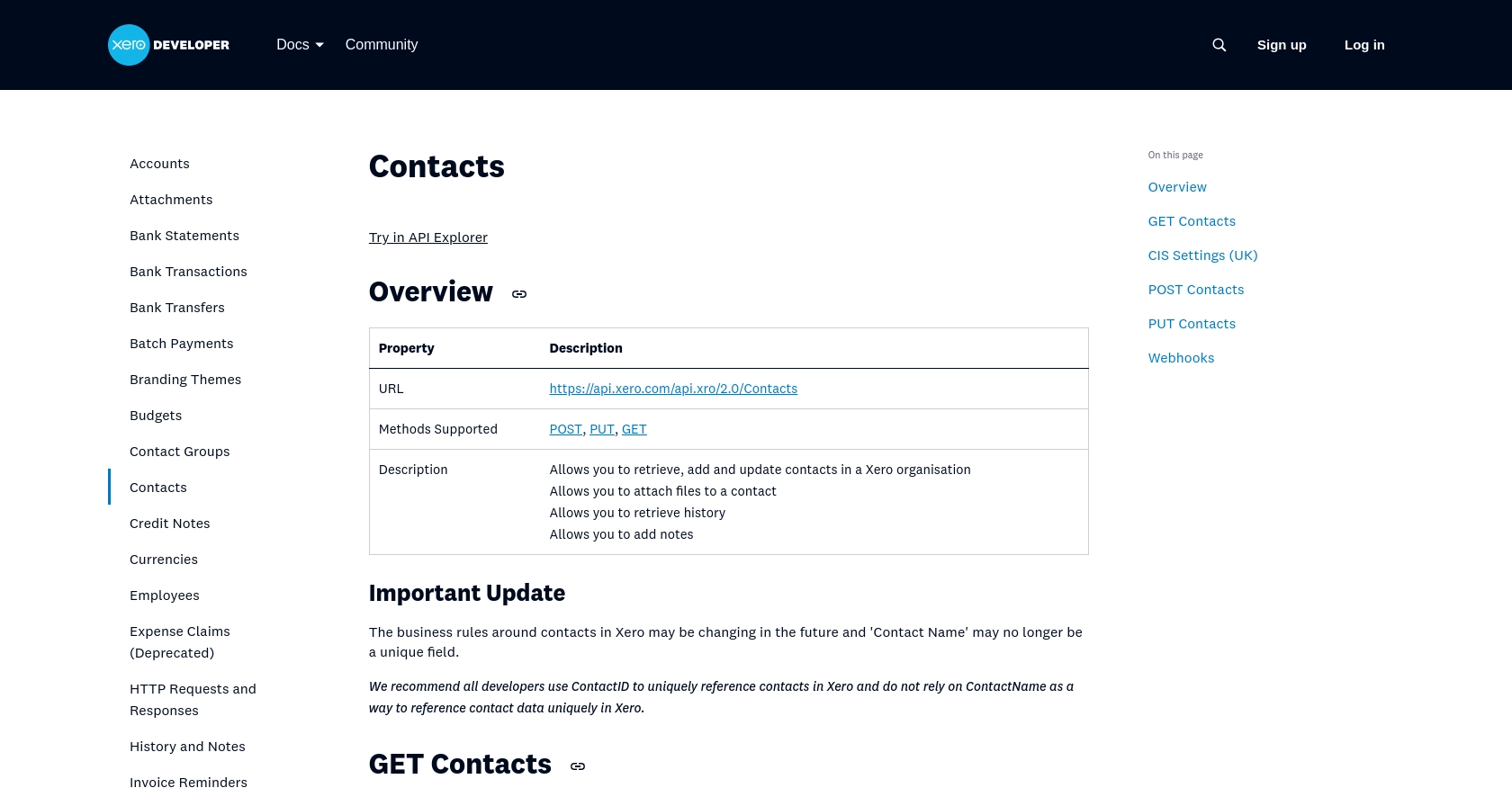 Xero API call documentation page.