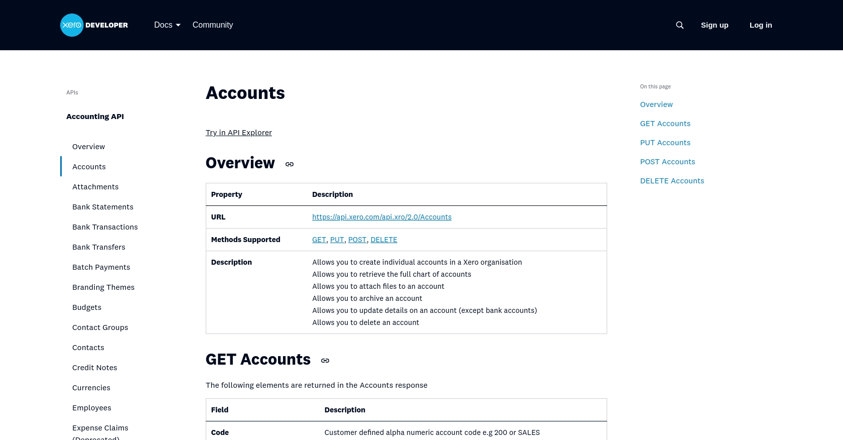 Xero API call documentation page.