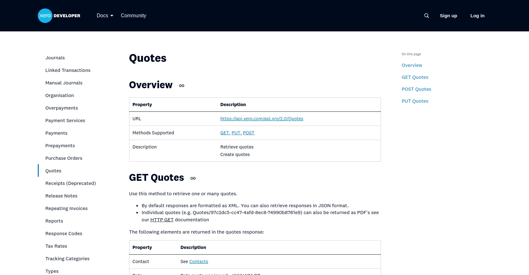 Xero API call documentation page.