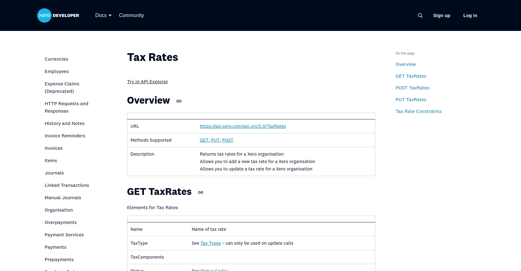 Xero API call documentation page.