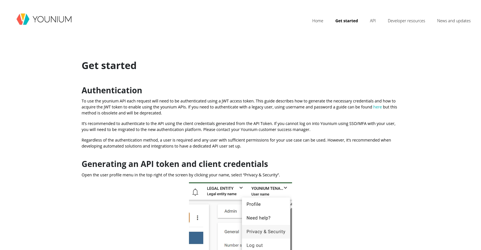 Younium authentication documentation page.