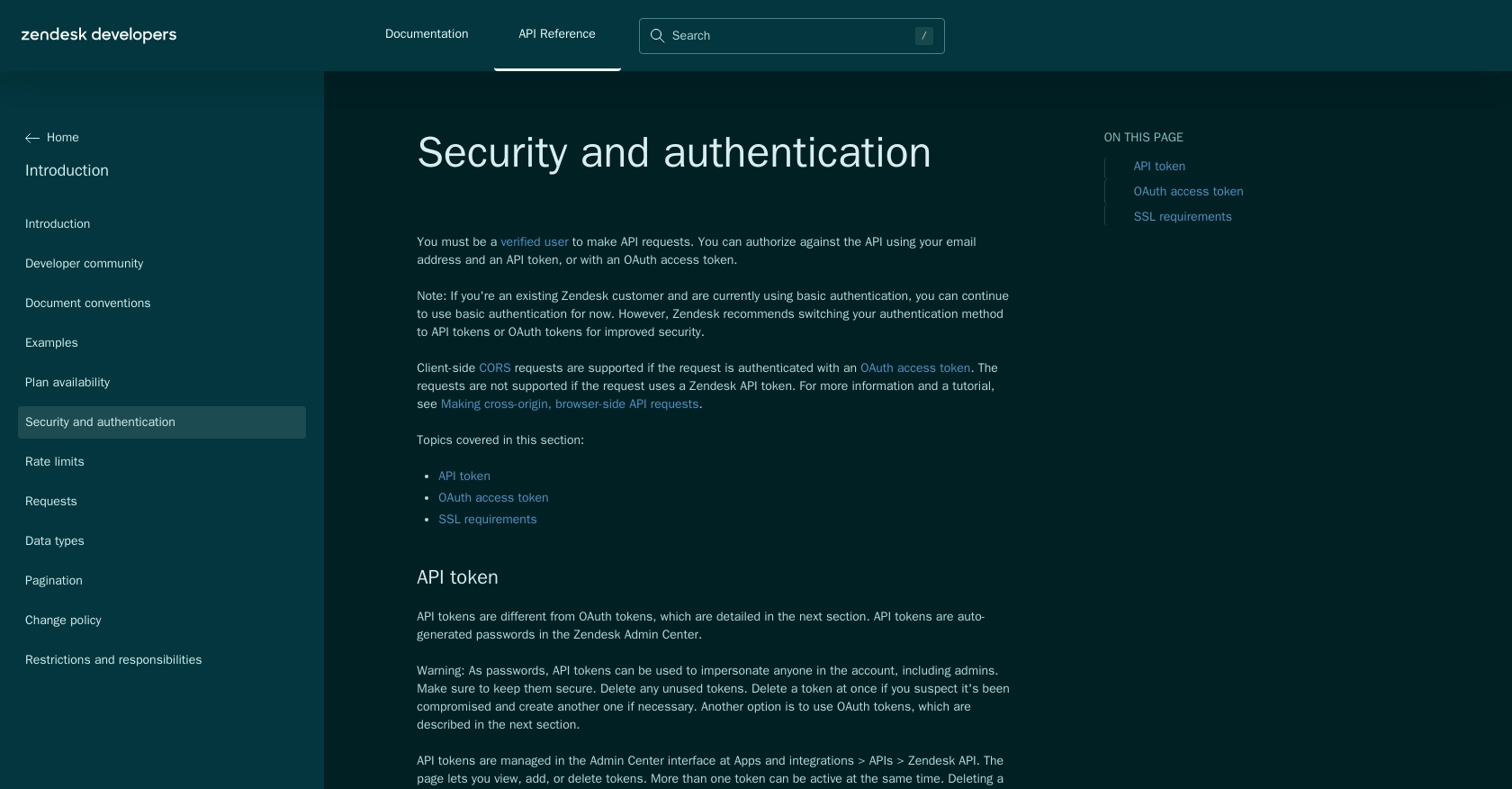 Zendesk Support authentication documentation page.