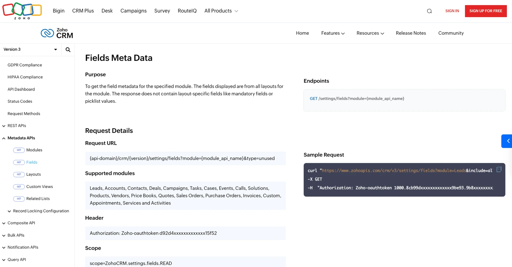 Zoho CRM API call documentation page.