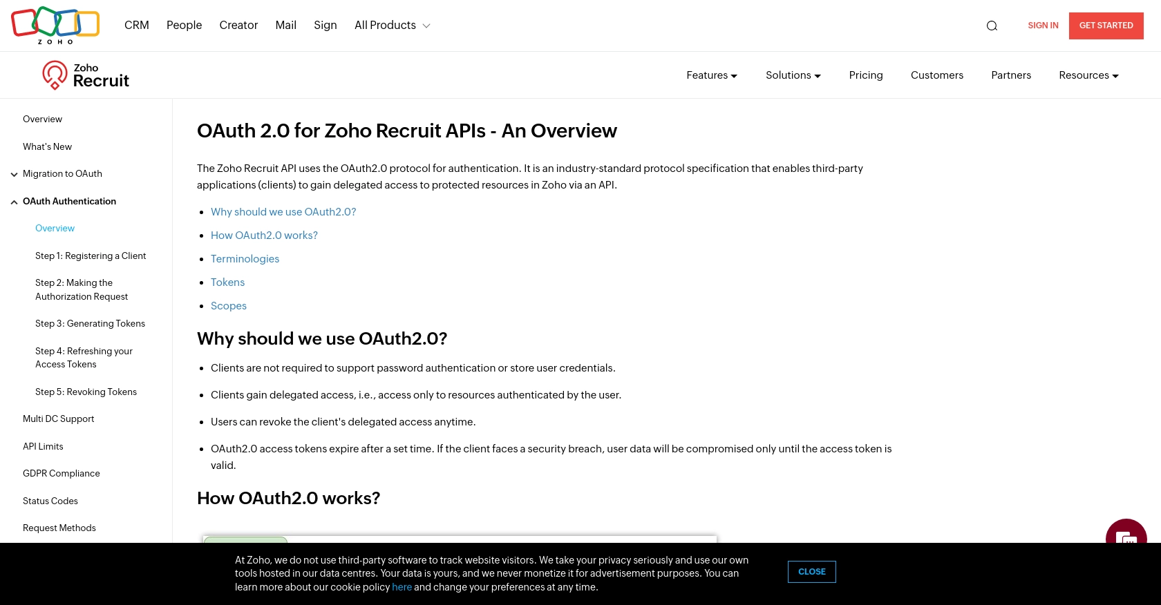 Zoho Recruit authentication documentation page.