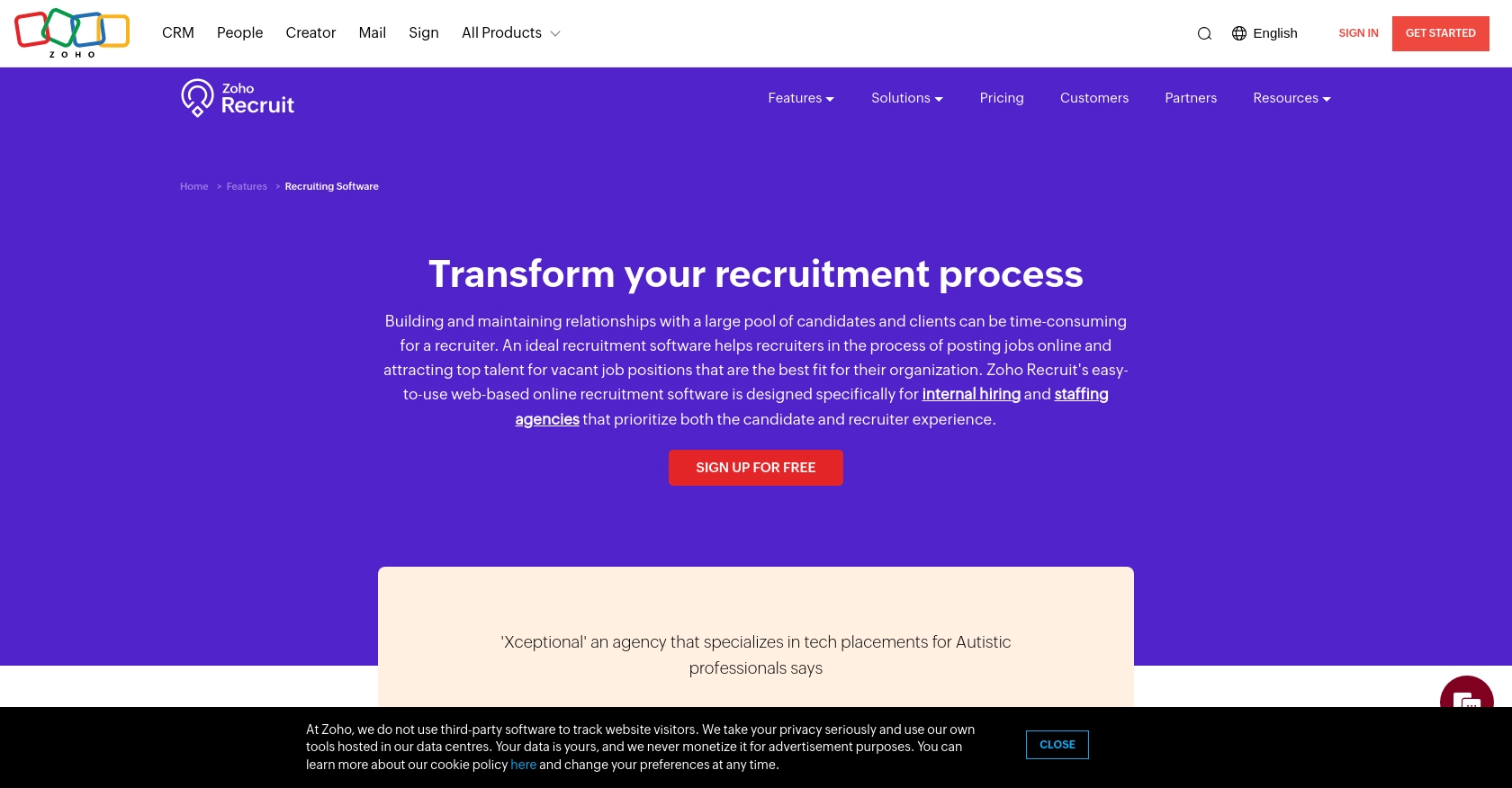 Zoho Recruit homepage