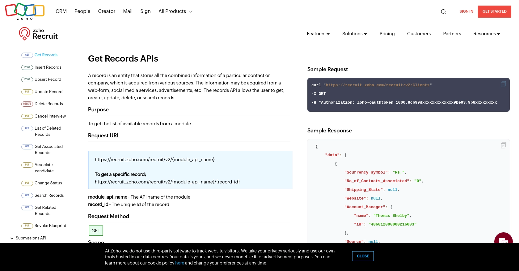 Zoho Recruit API call documentation page.