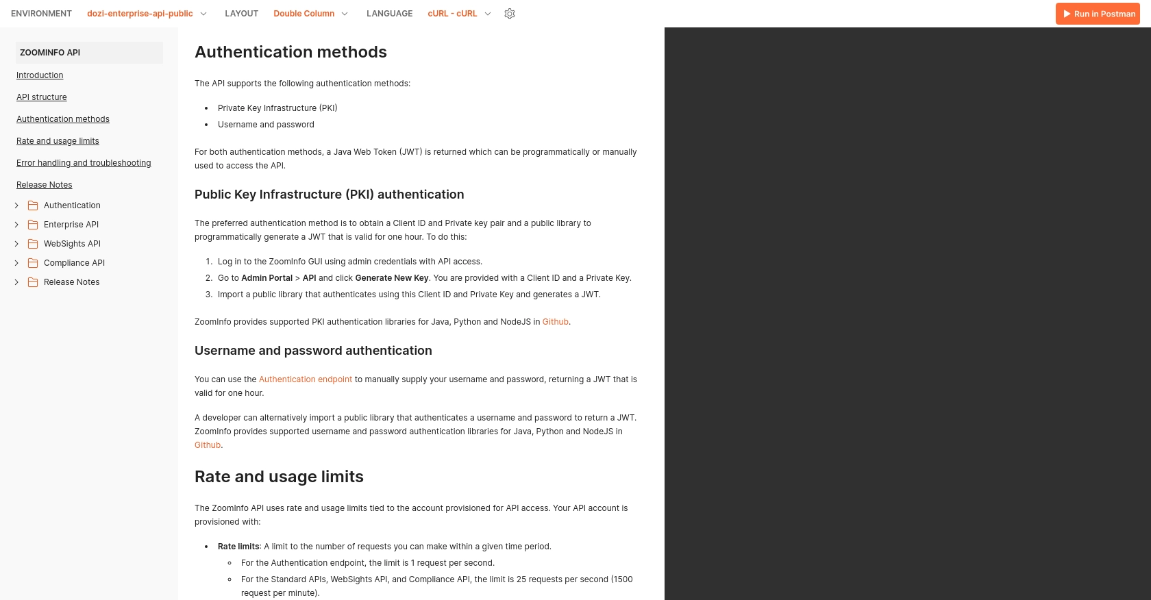 ZoomInfo authentication documentation page.